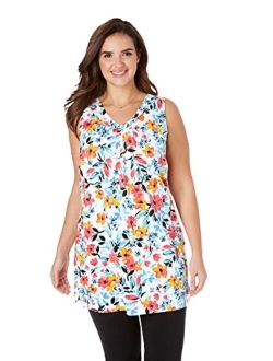 Women's Plus Size Perfect Printed Sleeveless Shirred V-Neck Tunic