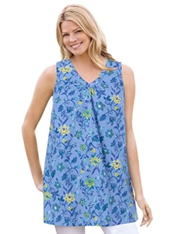 Women's Plus Size Perfect Printed Sleeveless Shirred V-Neck Tunic