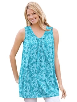 Women's Plus Size Perfect Printed Sleeveless Shirred V-Neck Tunic