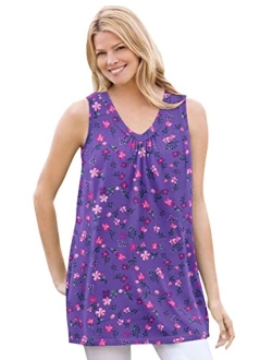 Women's Plus Size Perfect Printed Sleeveless Shirred V-Neck Tunic