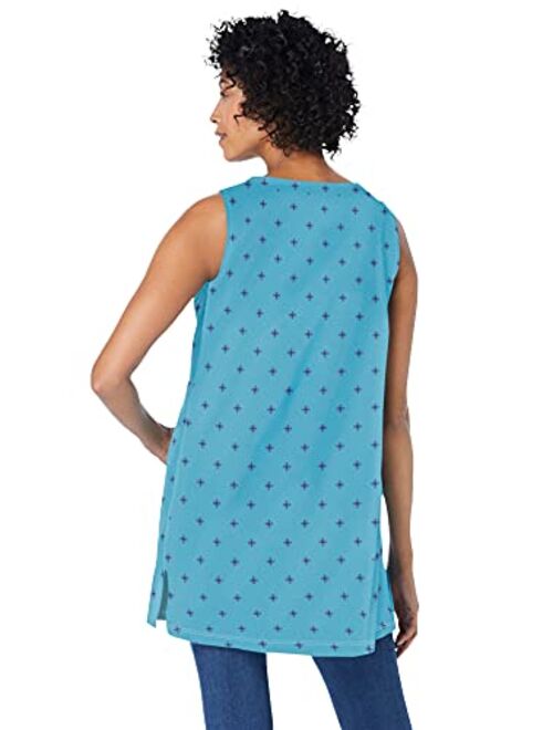 Woman Within Women's Plus Size Perfect Printed Sleeveless Shirred V-Neck Tunic
