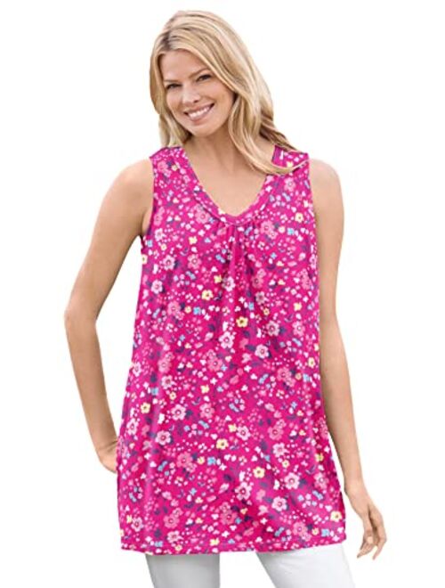 Woman Within Women's Plus Size Perfect Printed Sleeveless Shirred V-Neck Tunic