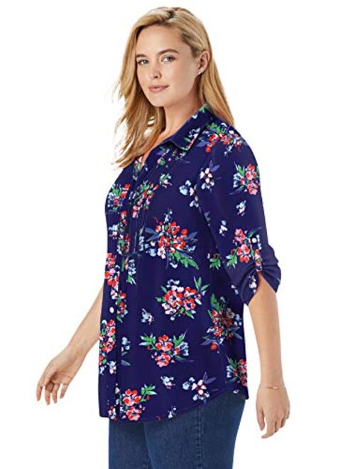 Woman Within Women's Plus Size Pintucked Print Tunic Shirt