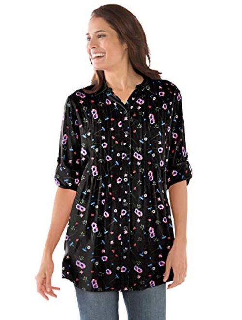 Woman Within Women's Plus Size Pintucked Print Tunic Shirt