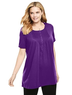 Women's Plus Size Short-Sleeve Pintucked Henley Tunic