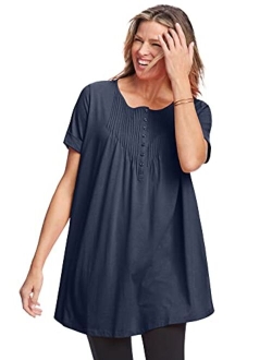 Women's Plus Size Short-Sleeve Pintucked Henley Tunic