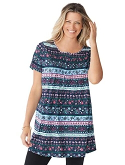 Women's Plus Size Short-Sleeve Pintucked Henley Tunic