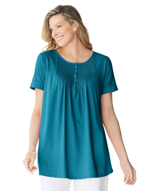 Woman Within Women's Plus Size Short-Sleeve Pintucked Henley Tunic