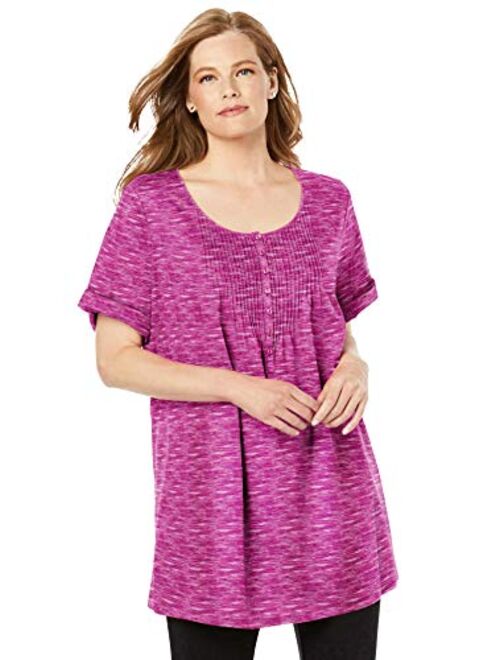 Woman Within Women's Plus Size Short-Sleeve Pintucked Henley Tunic