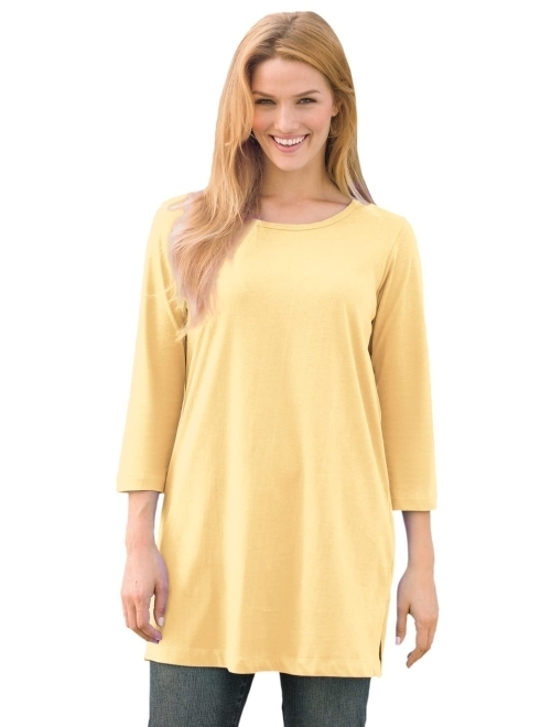 Woman Within Women's Plus Size Perfect Three-Quarter-Sleeve Scoop-Neck Tunic