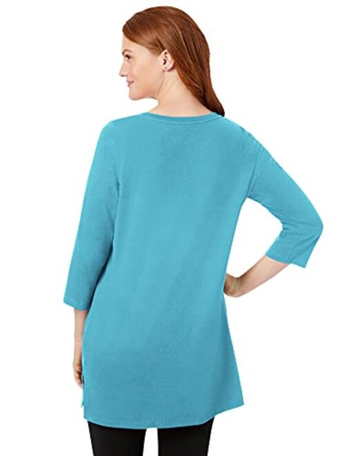 Woman Within Women's Plus Size Perfect Three-Quarter-Sleeve Scoop-Neck Tunic