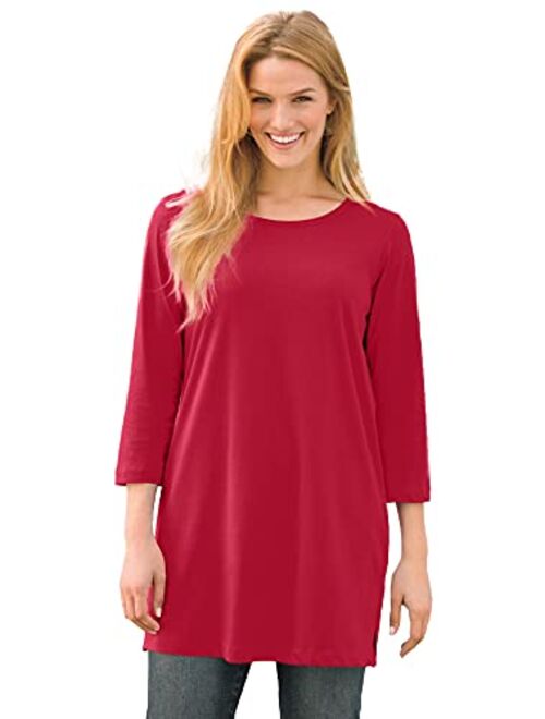 Woman Within Women's Plus Size Perfect Three-Quarter-Sleeve Scoop-Neck Tunic