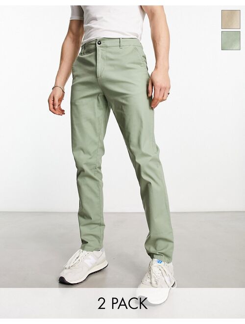 ASOS DESIGN 2-pack slim chinos in beige and khaki