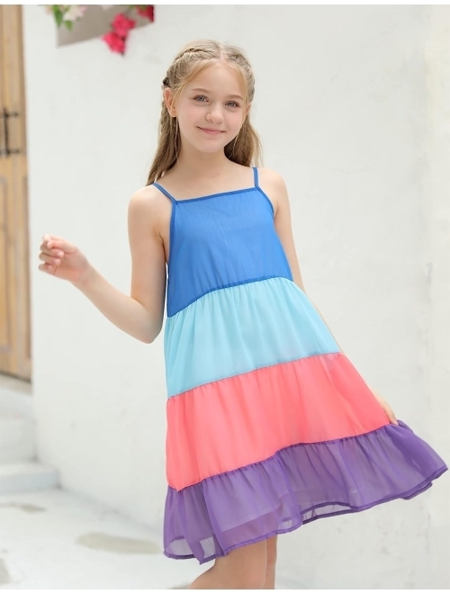 Simtuor Girls Color Block Tiered Summer Dresses Spaghetti Strap Sleeveless Ruffle Hem A-Line Casual Midi Sundress