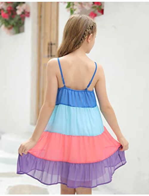 Simtuor Girls Color Block Tiered Summer Dresses Spaghetti Strap Sleeveless Ruffle Hem A-Line Casual Midi Sundress