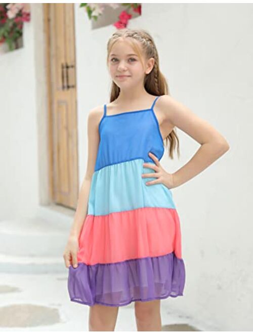 Simtuor Girls Color Block Tiered Summer Dresses Spaghetti Strap Sleeveless Ruffle Hem A-Line Casual Midi Sundress