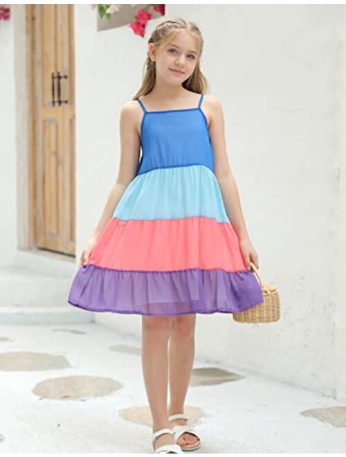 Simtuor Girls Color Block Tiered Summer Dresses Spaghetti Strap Sleeveless Ruffle Hem A-Line Casual Midi Sundress