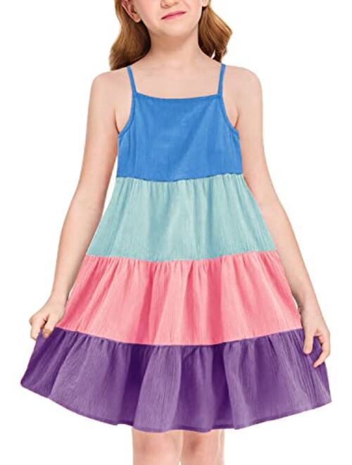 Simtuor Girls Color Block Tiered Summer Dresses Spaghetti Strap Sleeveless Ruffle Hem A-Line Casual Midi Sundress