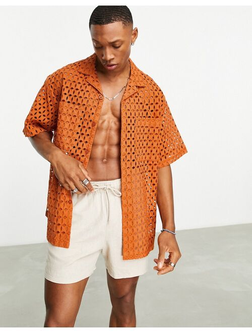 ASOS DESIGN boxy oversized eyelet shirt in tan