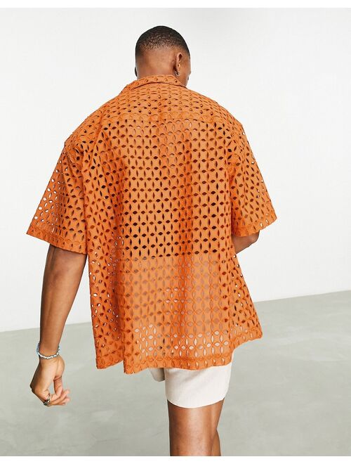 ASOS DESIGN boxy oversized eyelet shirt in tan