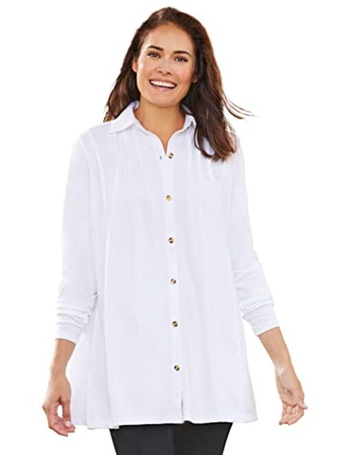 Woman Within Women's Plus Size Pintucked Button-Front Tunic