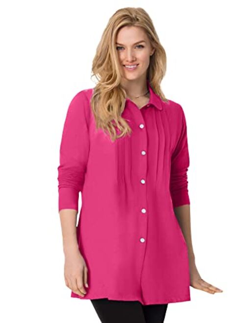 Woman Within Women's Plus Size Pintucked Button-Front Tunic