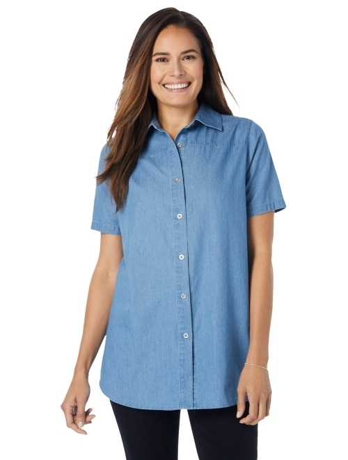 Woman Within Women's Plus Size Short-Sleeve Denim Shirt