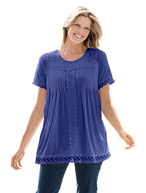 Woman Within Women's Plus Size Lace-Trim Pintucked Tunic