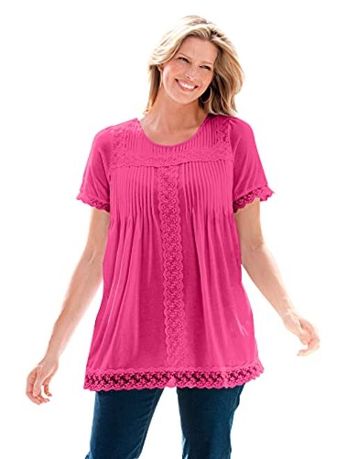 Woman Within Women's Plus Size Lace-Trim Pintucked Tunic