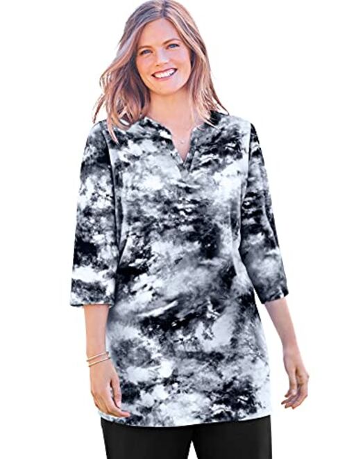 Woman Within Women's Plus Size Three-Quarter Sleeve Notch-Neck Tunic