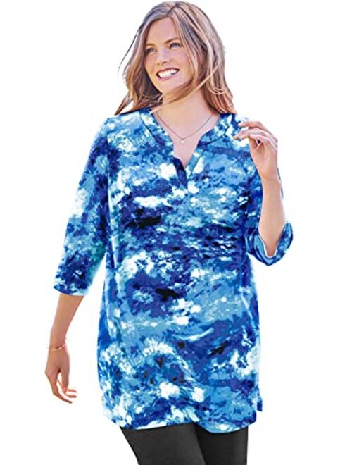 Woman Within Women's Plus Size Three-Quarter Sleeve Notch-Neck Tunic