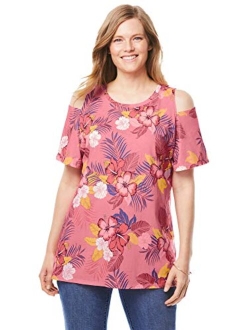 Women's Plus Size Short-Sleeve Cold-Shoulder Tee Shirt