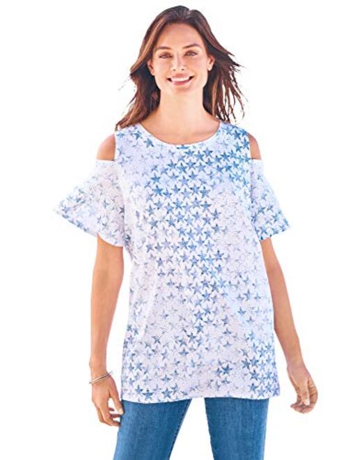 Woman Within Women's Plus Size Short-Sleeve Cold-Shoulder Tee Shirt