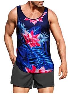 Men's Floral Tank Top Sleeveless Tees All Over Print Casual Sport Gym T-Shirts Hawaii Beach Vacation