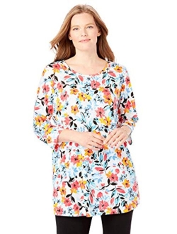 Women's Plus Size Perfect Printed Three-Quarter-Sleeve Scoop-Neck Tunic