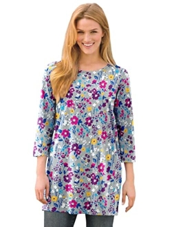 Women's Plus Size Perfect Printed Three-Quarter-Sleeve Scoop-Neck Tunic