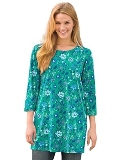 Women's Plus Size Perfect Printed Three-Quarter-Sleeve Scoop-Neck Tunic