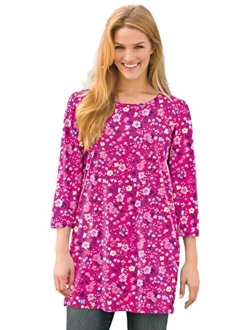 Women's Plus Size Perfect Printed Three-Quarter-Sleeve Scoop-Neck Tunic