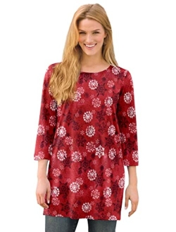 Women's Plus Size Perfect Printed Three-Quarter-Sleeve Scoop-Neck Tunic