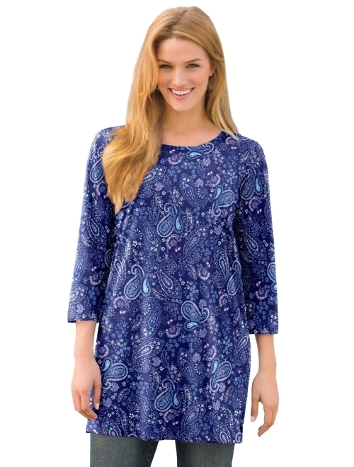 Woman Within Women's Plus Size Perfect Printed Three-Quarter-Sleeve Scoop-Neck Tunic