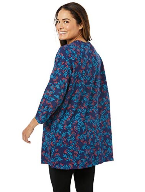 Woman Within Women's Plus Size Perfect Printed Three-Quarter-Sleeve Scoop-Neck Tunic