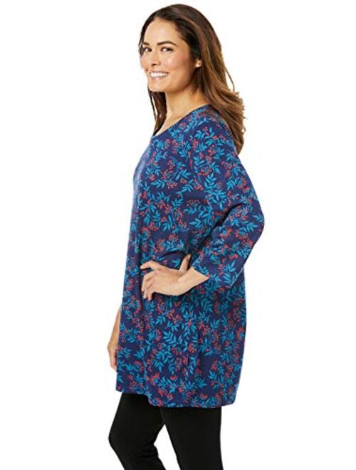 Woman Within Women's Plus Size Perfect Printed Three-Quarter-Sleeve Scoop-Neck Tunic