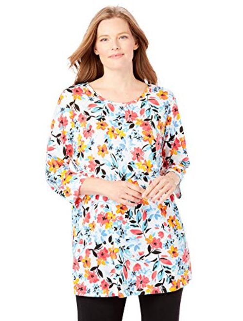 Woman Within Women's Plus Size Perfect Printed Three-Quarter-Sleeve Scoop-Neck Tunic