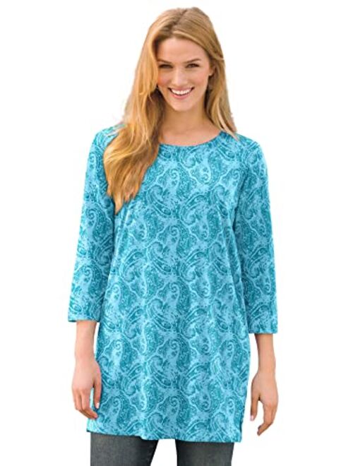 Woman Within Women's Plus Size Perfect Printed Three-Quarter-Sleeve Scoop-Neck Tunic