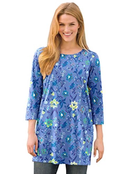 Woman Within Women's Plus Size Perfect Printed Three-Quarter-Sleeve Scoop-Neck Tunic