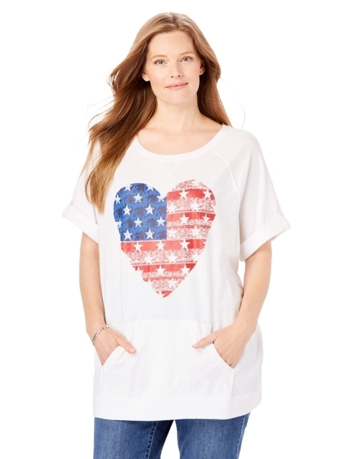 Woman Within Women's Plus Size Americana Kangaroo Pocket Tee Shirt