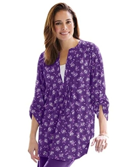 Women's Plus Size Box-Stitched Split Neck Tunic