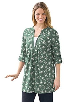 Women's Plus Size Box-Stitched Split Neck Tunic