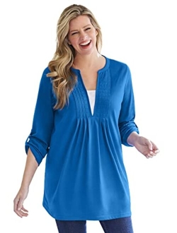 Women's Plus Size Box-Stitched Split Neck Tunic