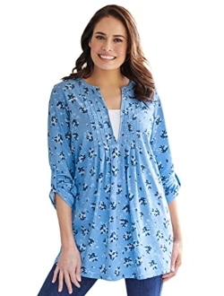 Women's Plus Size Box-Stitched Split Neck Tunic